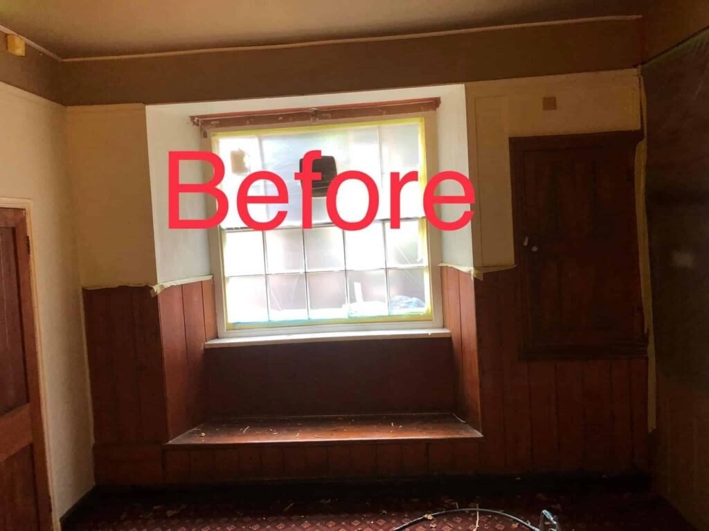 Timber Window Recess and Wall Panelling Repainting — before