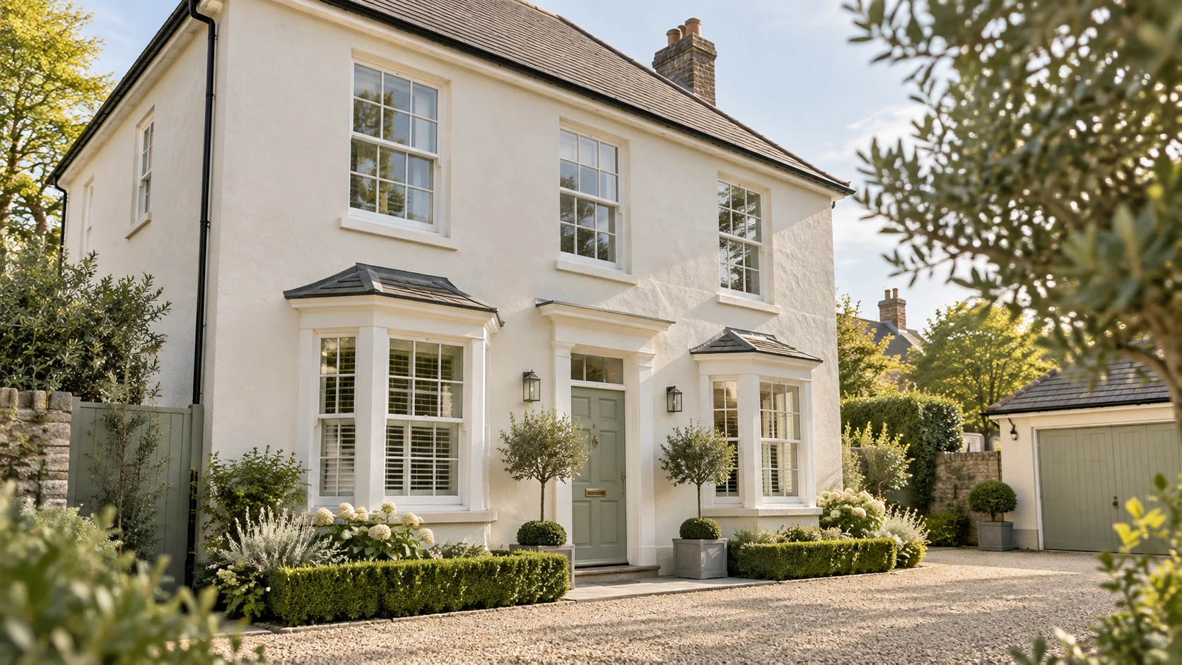 Fresh ivory exterior paintwork with sage front door and white window trim