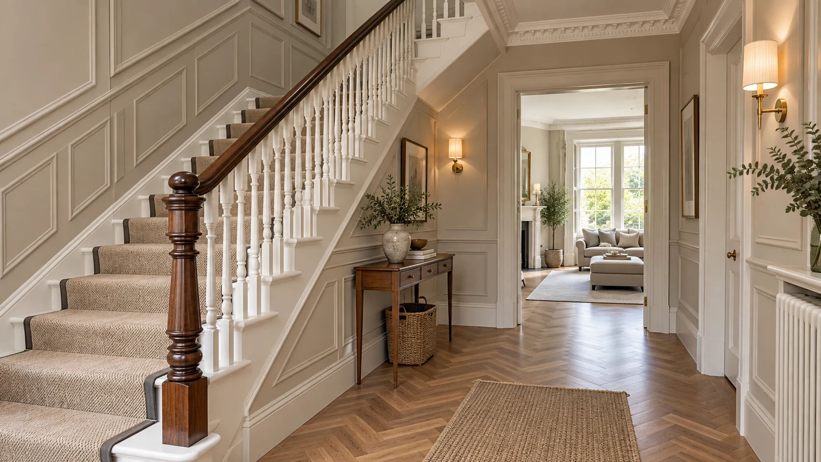 Interior inspiration with warm neutral wall panelling and crisply painted staircase woodwork