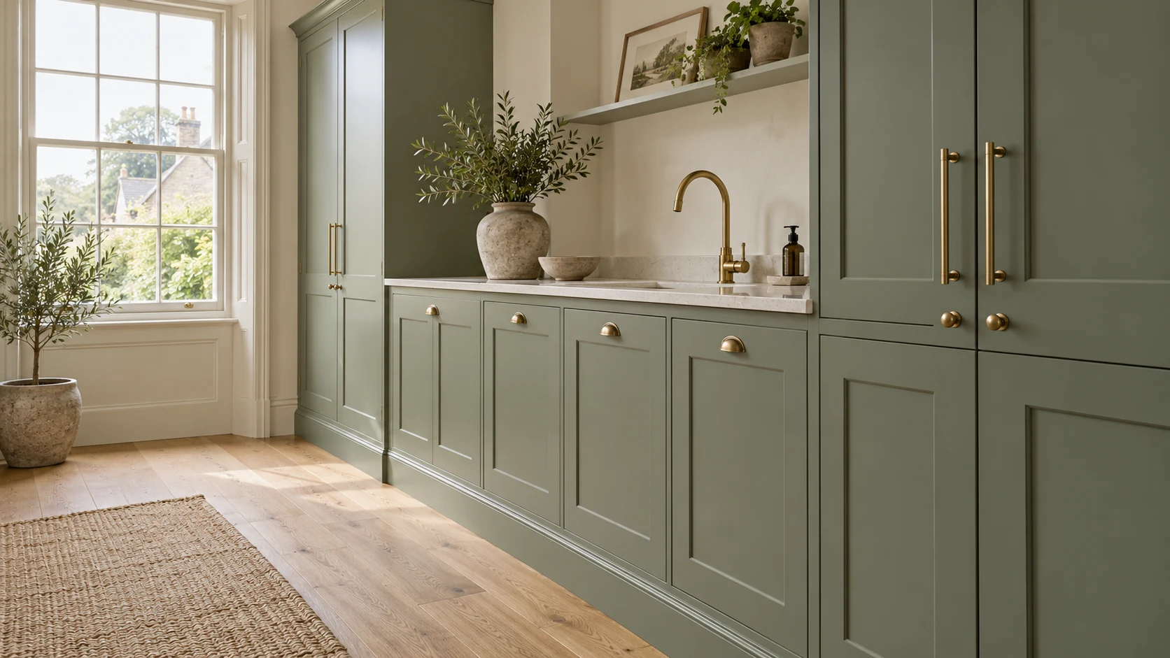 Sage green fitted cabinets with a smooth satin spray-painted finish