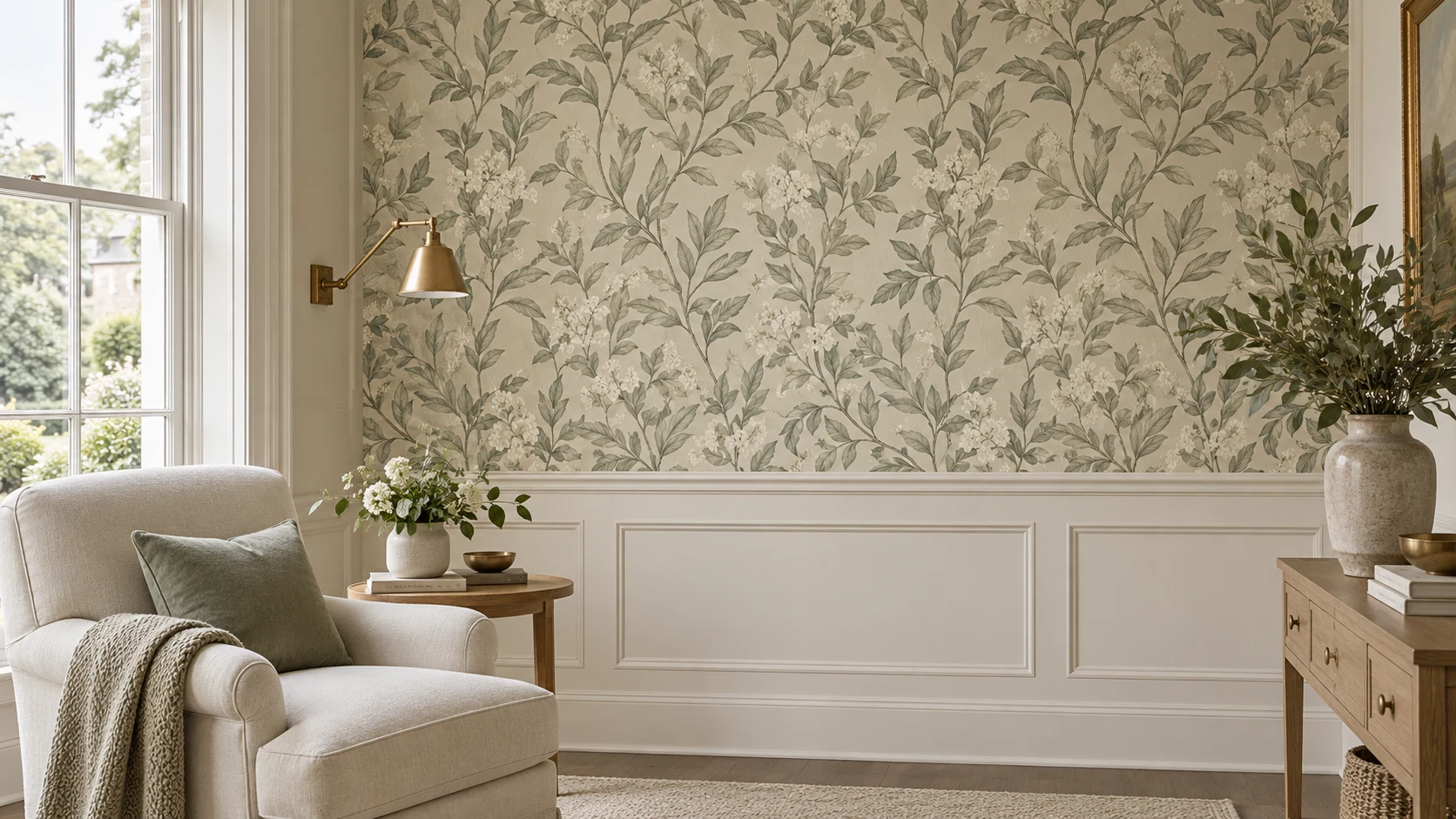Sage botanical wallpaper above cream painted wall panelling